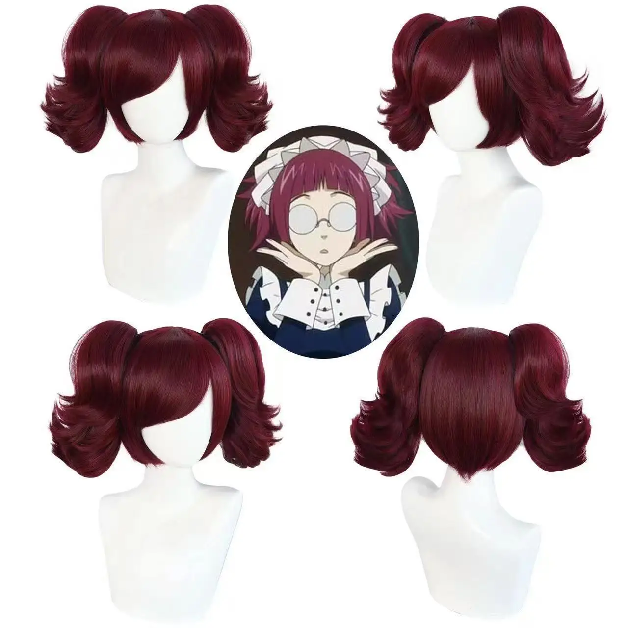 

1 piece of wine red double ponytail short hair black deacon anime Merlin cosplay styling wig