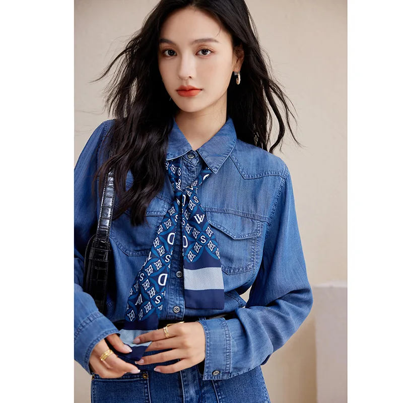 Mùa Xuân Và Mùa Thu Mới Denim Thời Trang Áo Sơ Mi Nữ Túi Thiết Kế Cổ Áo Kadin Bluzlari Áo Kiểu Nữ Thời Trang 2022