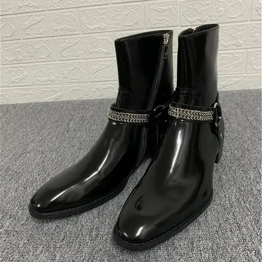 Luxury Handmade Customized Buckle Strap Wedge  Chain Pionted Toe Chelsea Boots