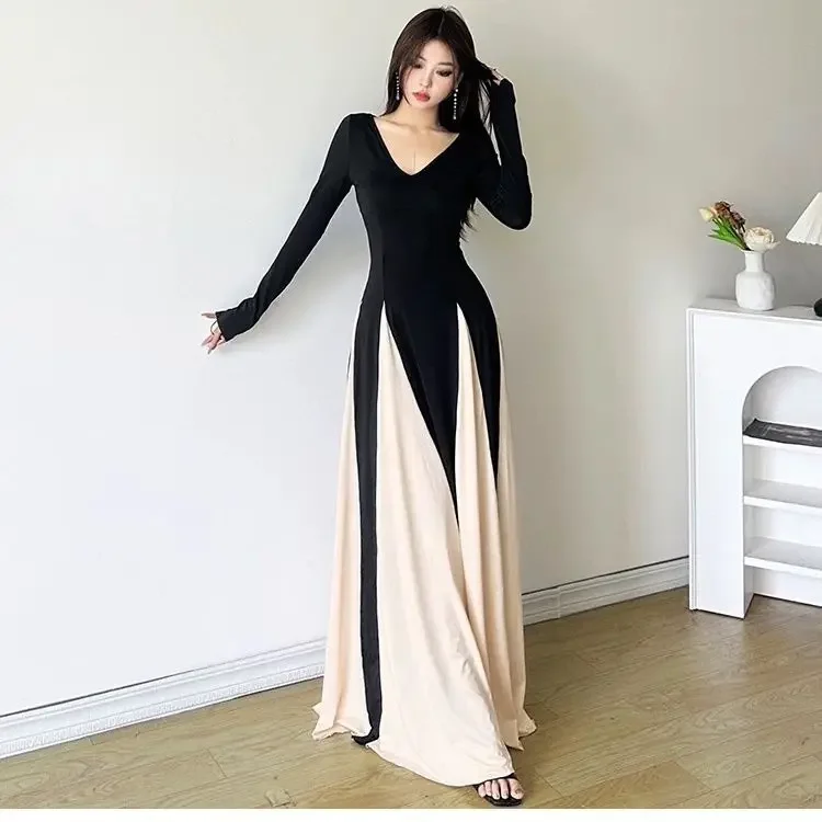 2024 autumn new women's fashion contrasting V-neck slim fit patchwork dress  summer dress women  vestidos de fiesta