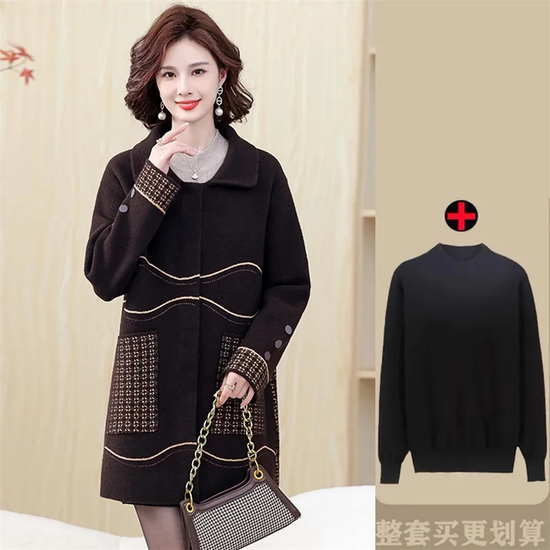 Mom Autumn Coat New High end 50 Year Old Windbreaker Middle aged Women 2023 Autumn/Winter Mid length Woolen Coat Thick Commuter