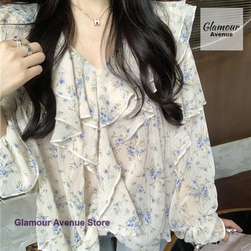 French floral chiffon double-collar V-neck sunscreen shirt women's summer new plus size fashion design Joker casual top