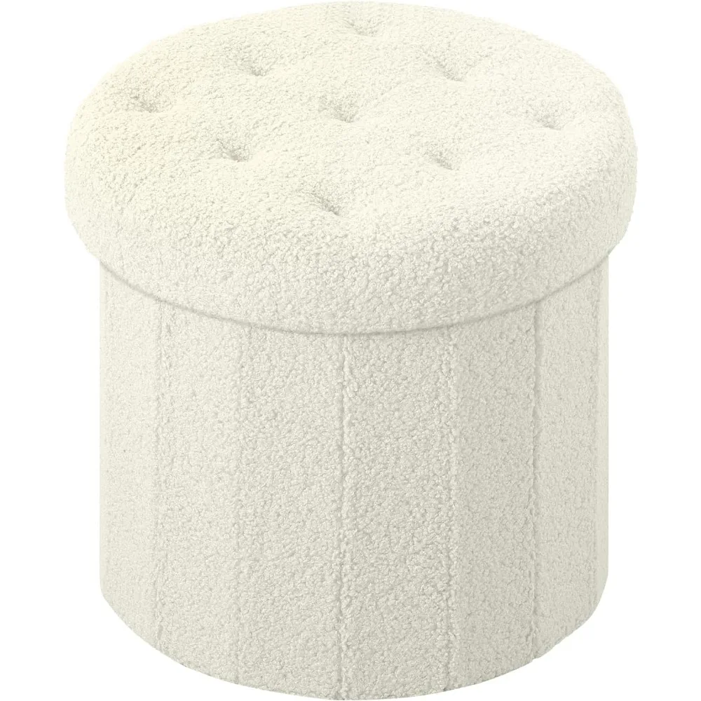 Ronde opbergruimte poef voetenbank, faux teddy fluwelen poef met opbergruimte, voetsteun voor woonkamer slaapkamer of slaapzaal (crème wit