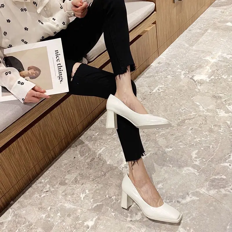 Shoes for Woman 2024 on Heeled White Women\'s Summer Footwear Platform Office High Heels Square Toe Pumps Chic and Elegant Dress