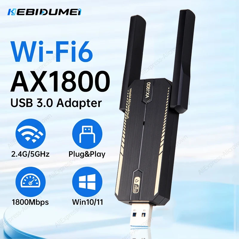KEBIDUMEI WIFI 6 Wi-fi USB Adapter AX1800 Network Card Dongle 2.4G/5GHz 802.11AX Antenna Signal Reception AX300 AX1800 Receiver