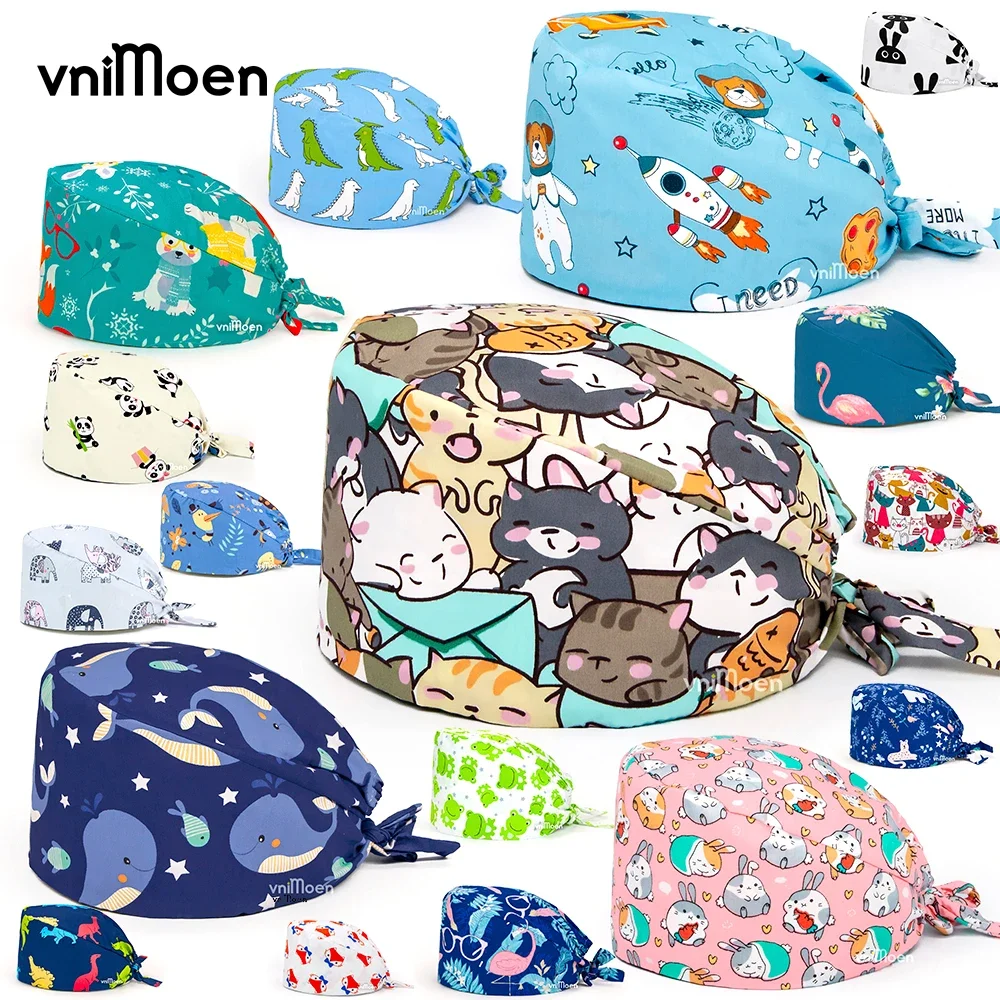 Sombrero de enfermera Doctors Nurse Adjustable Surgical Cap Hat Cotton Baotou Cap Buckle Sweat-Absorbent Towel Printing cap