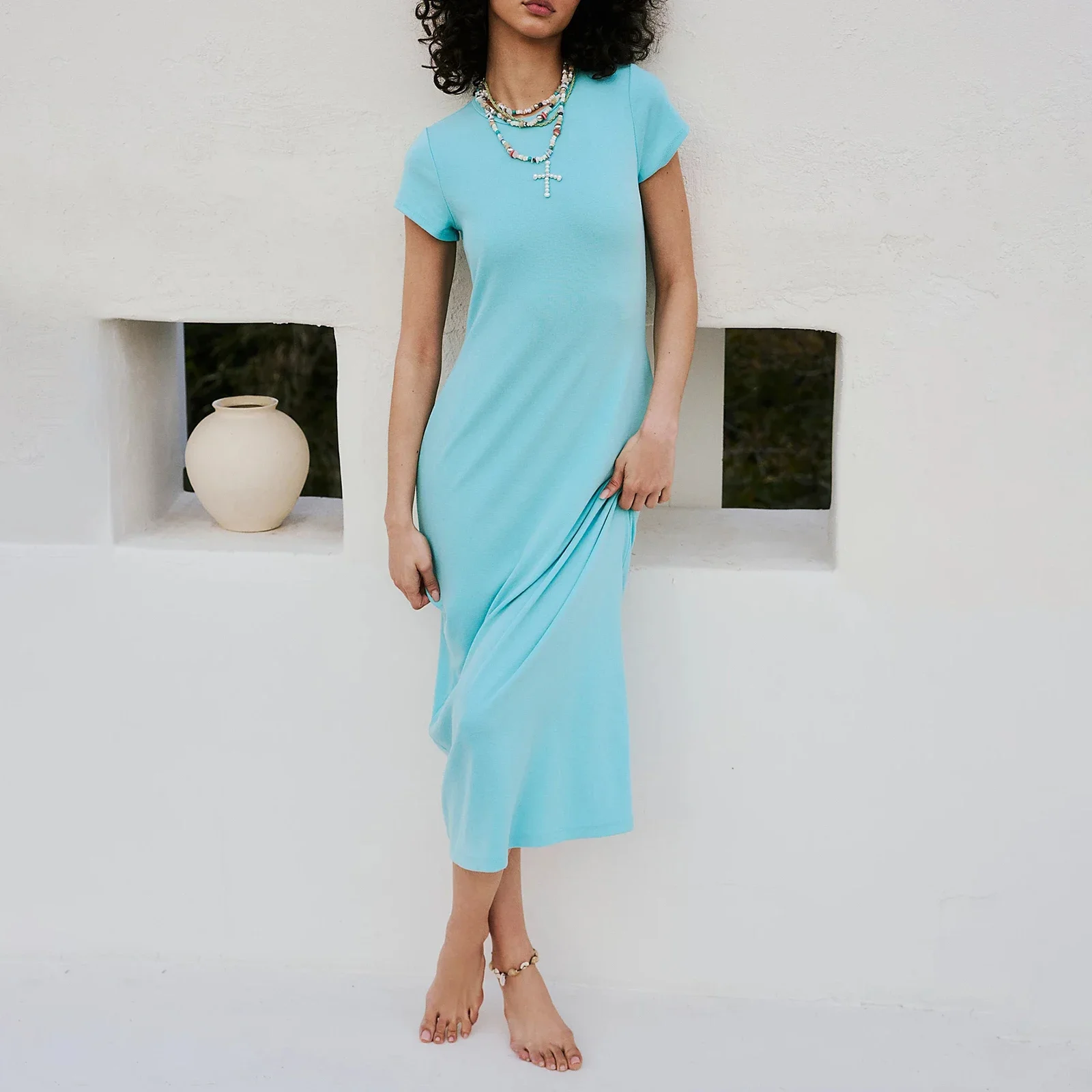 ผู้หญิงเสื้อยืดวันหยุดชุดลําลองฤดูร้อนสีทึบแขนสั้นชุดสําหรับ Beach ค็อกเทล Streetwear