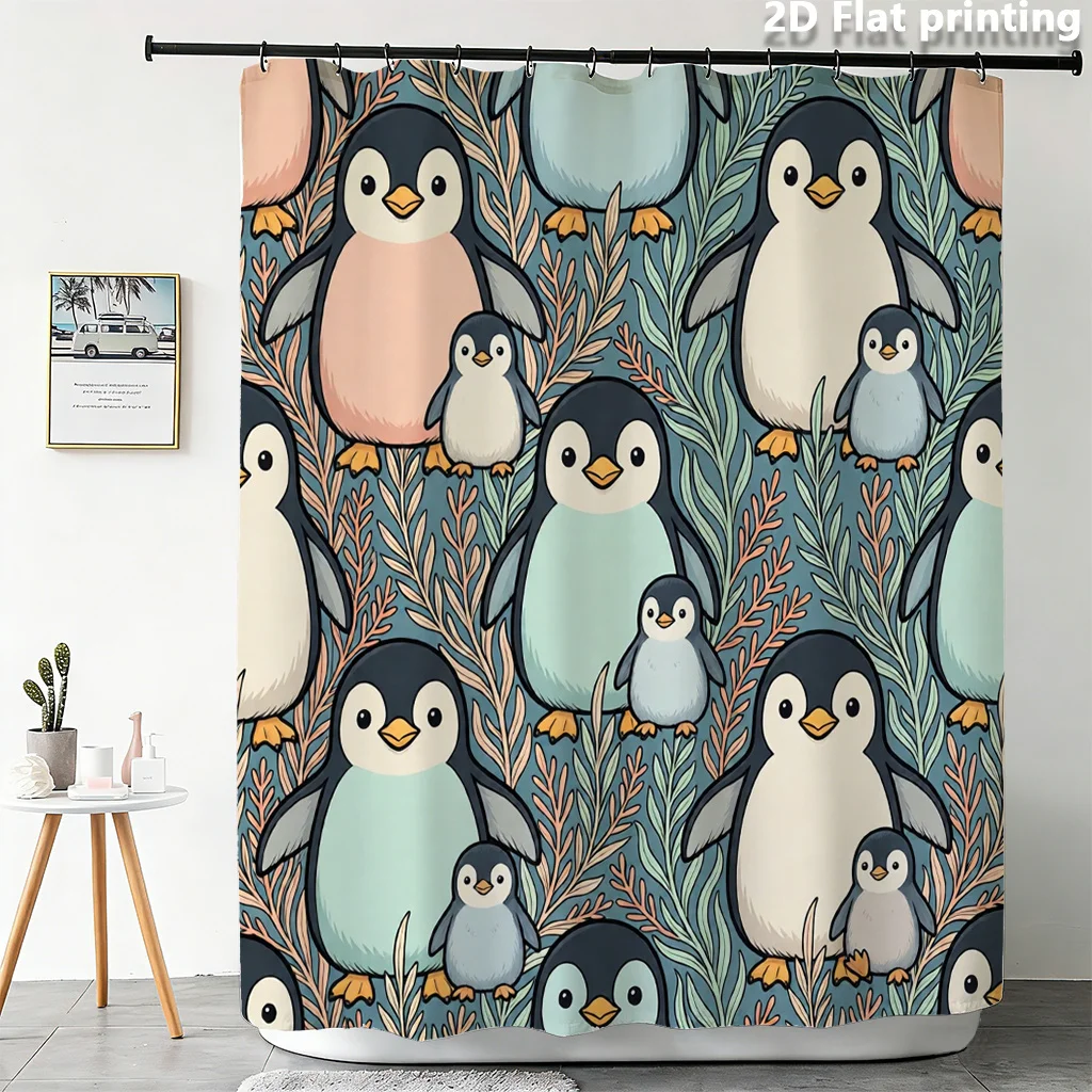 Cute Penguin Family Shower Curtain Waterproof Bathroom Decor Tropical Jungle Animal Print Shower Curtain