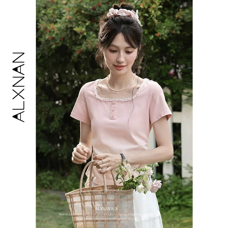 

ALXNAN Women's Pink T-shirt Elegant Square Neck Short Sleeve T-shirt 2026 Summer Sweet Casual Office Slim-fit Top Ladies L551161