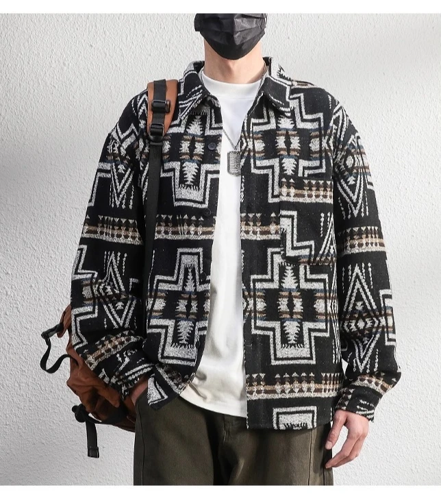 2025 일본 레트로 스타일 남성용 베이지 자카드 브러시드 턴다운 칼라 긴팔 셔츠 루즈 캐주얼 블랙 그레이 재킷