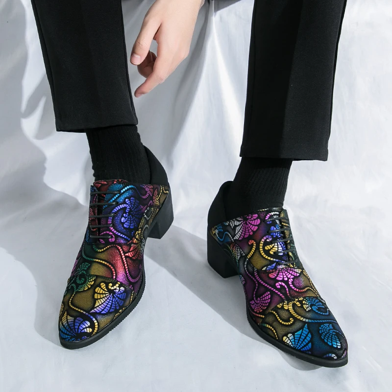 Colorful Floral Print Oxford Shoes Lace Up Block Heel Pointed Toe Party Wedding Dress Shoes Men's Multicolor Ankle Boots 38-46