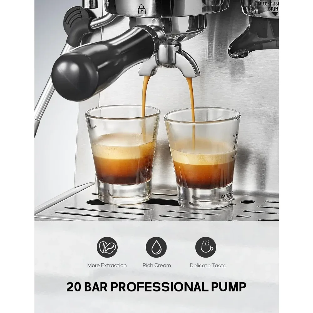 Espresso Coffee Maker with Milk Frother Steam Wand, Built-In Grinder & Low Pressure Pre-Soaking, Semi-Automatic Coffee Maker