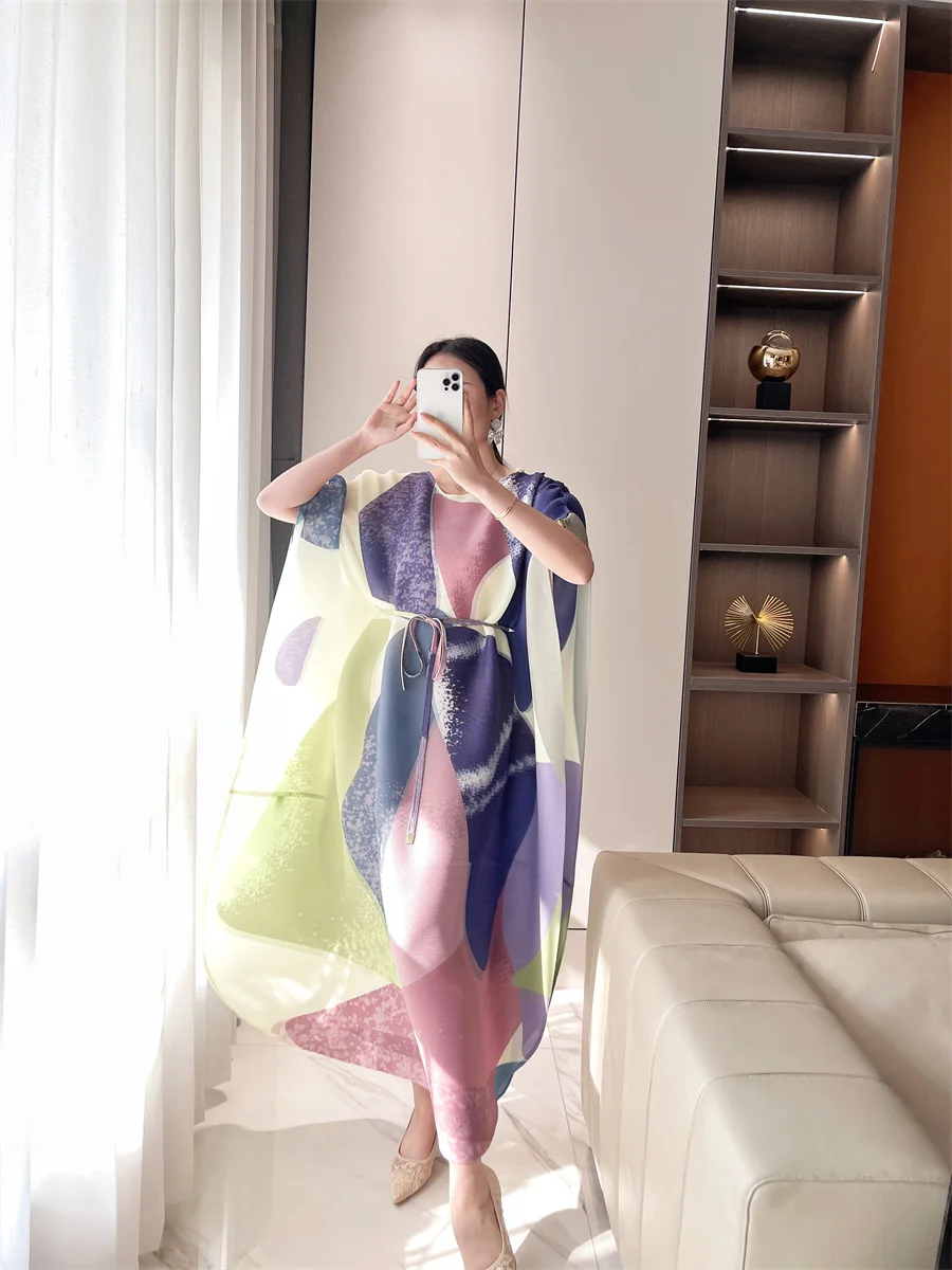 Spring 2023 New Collection Waist Printed Long Dress Fashion Loose Versatile Slim Women's Plus Size Pleated Dress