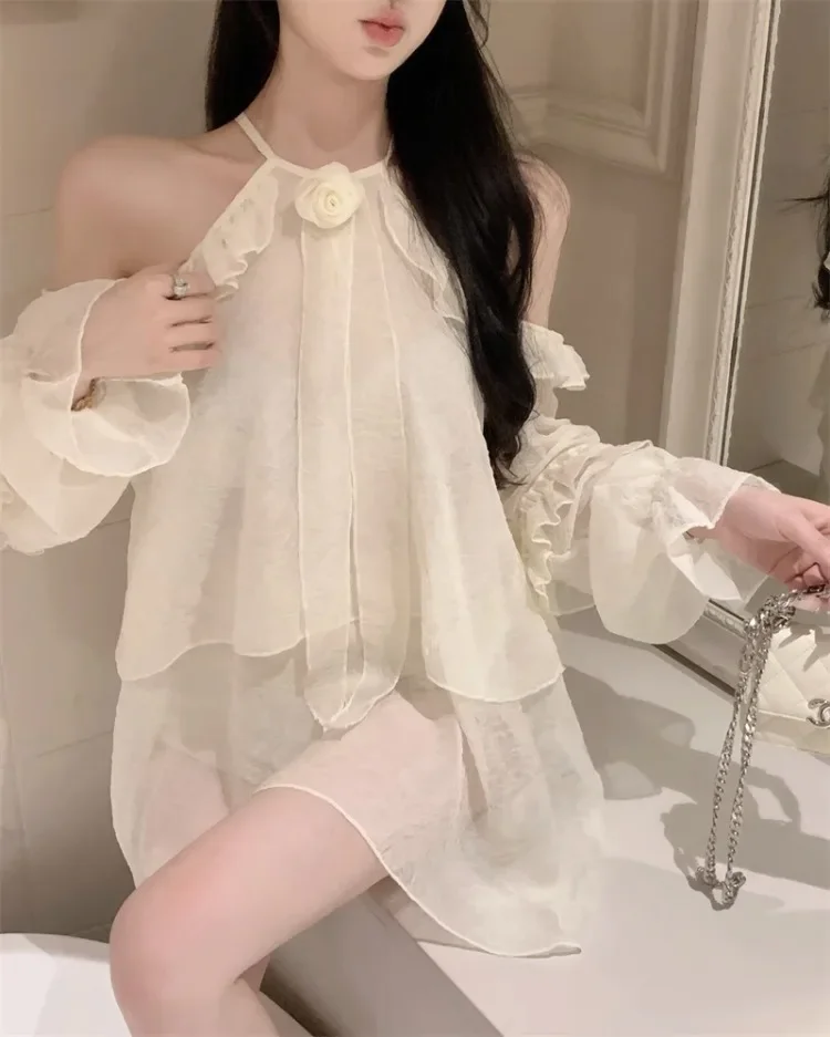 Ezgaga Sweet Blouse Women Elegant Ruffles Off Shoulder Flare Long Sleeve Flowers Hollow Out Loose Autumn New Fashion Shirts