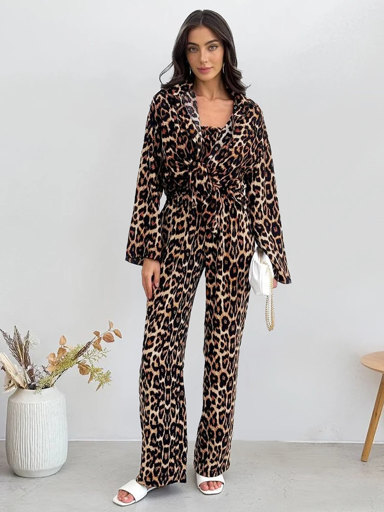 HiLoc Autumn Leopard Print Trousers Pajamas Sets 3 Pieces Fashion Long Sleeve Loose Shirts Sexy Crop Tops Women Long Pants Suits