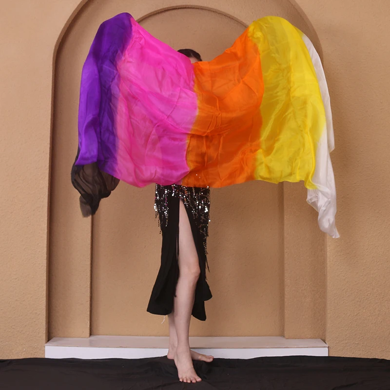 Velos de seda para danza del vientre para bailarina, bufanda de mano degradada de 250x114cm, accesorios de seda Real, luz fluida multicolor para adultos, venta al por mayor