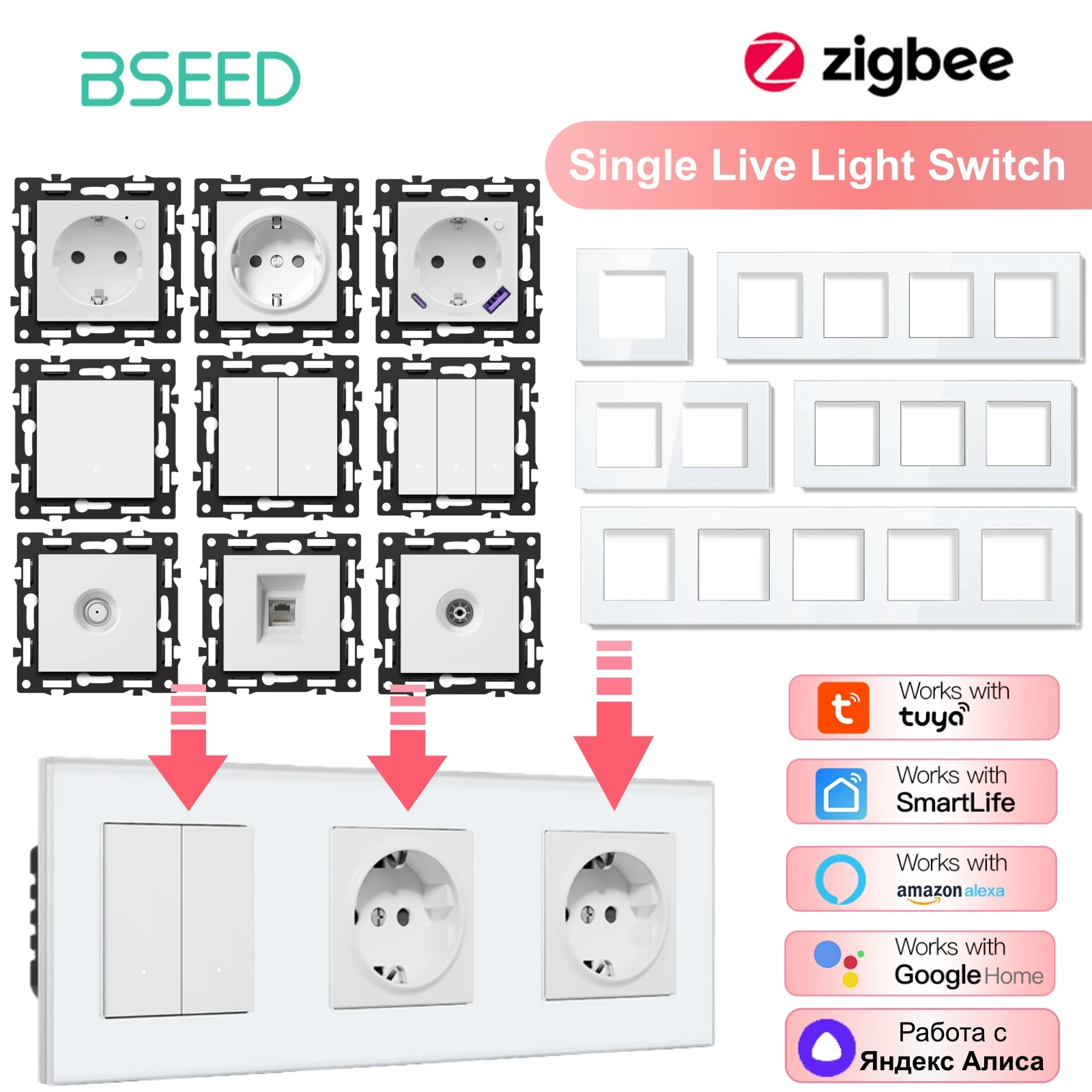 Módulos de Interruptor Zigbee BSEED, Interruptor de Luz Inteligente de Um Fio, Peças DIY, Combinação de Moldura de Vidro, Tomadas de Parede, USB, TV, Cat6, Tecla