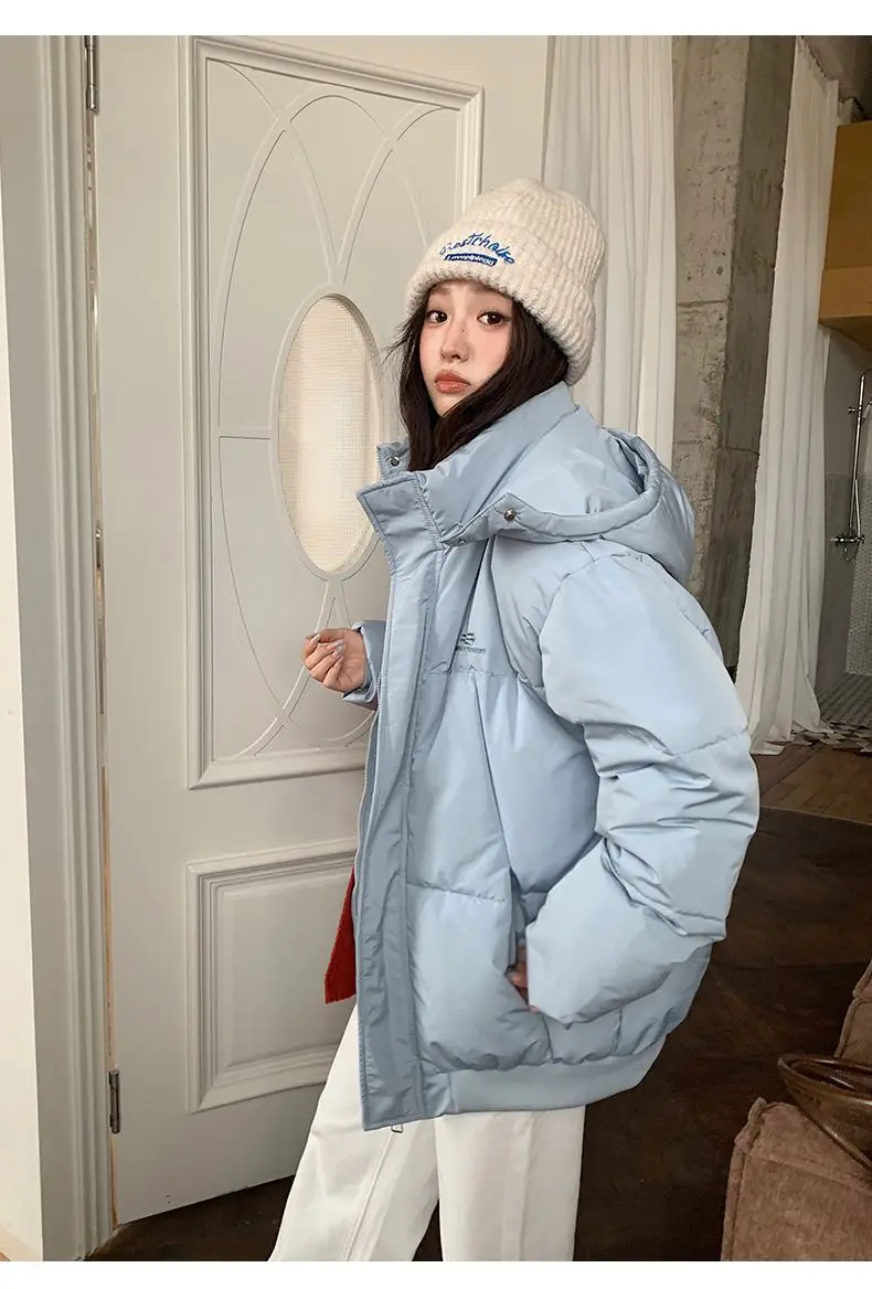 Korean Style Thickened Puffer Jacket for Women Loose Fit Warm Padded Coat Students Winter Solid Color All Match Hooded Parkas