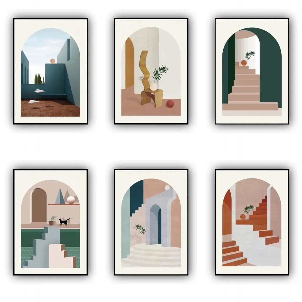 Impresiones artísticas de pared abstractas bohemias minimalistas, edificio geométrico, escalera, pintura en lienzo, decoración para sala de estar y dormitorio