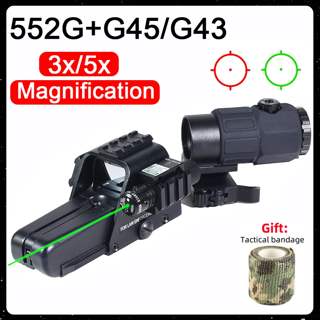 Tactical 552G Holographic Red Green Dot Optics Reflex Laser Sight with 3X/5X Magnifier G43/G45 Hunting Combo Airsoft Accessoires