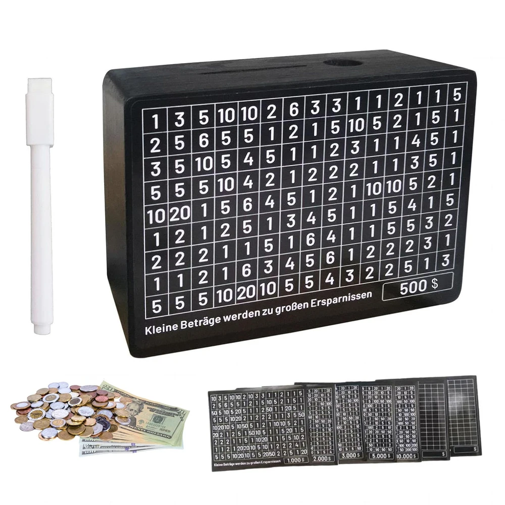 

Копилка черная деревянная со счетчиком, копилка для денег, копилка для монет с целями и цифрами для экономии евро