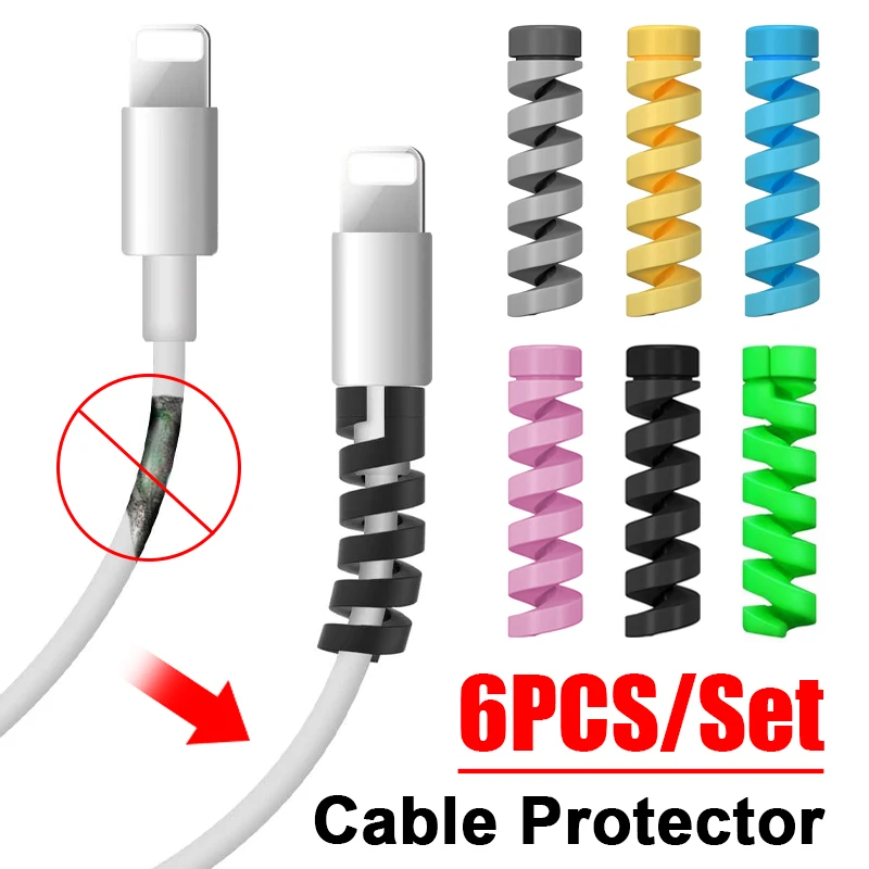 6PCS Soft Silicone Data Cable Protectors Spiral USB Wire Protector for Apple IPhone IPad Charger End Cord Savers Cable Wrap