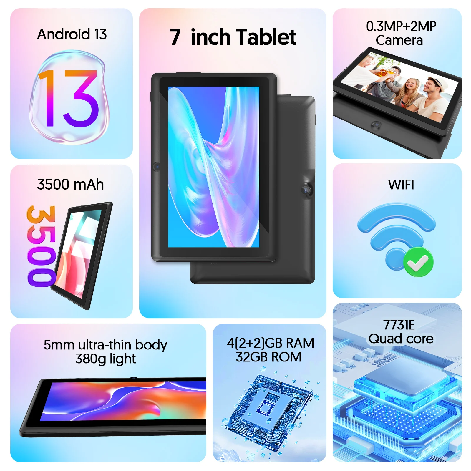 7-inch Android 13 Tablet, 4GB (2+2) RAM, 32GB Storage, 1024x600 HD IPS Display, 3500mAh Battery, Dual Cameras, Supports WiFi 6 & Bluetooth, Protective Case Included, Ideal Gift Choice