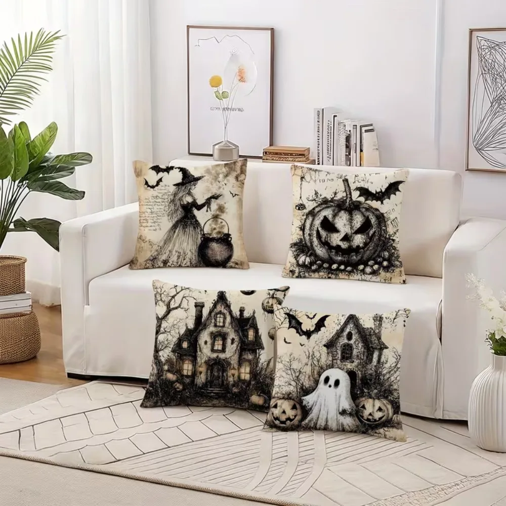 4Pcs Vintage Halloween Pillow Covers Gothic Witch Ghost Pumpkin Haunted House Bat Print Cushion Cover Sofa Home Party Decoration