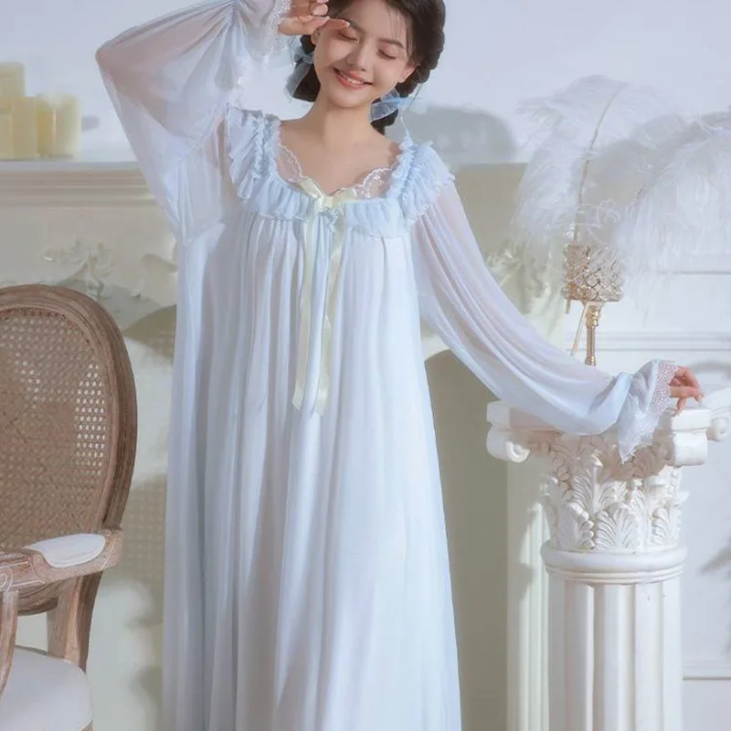 

Новая кружевная сетчатая ночная рубашка, пижамы с длинными рукавами, корейское элегантное женское платье, милые подарки для сна, женская домашняя одежда, ночная рубашка