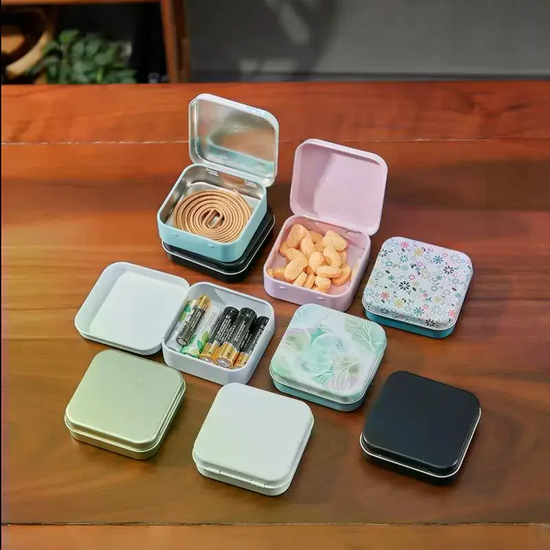 2Pcs Square Colored Flip Top Tin Box Portable Jewelry Candy Medicine Storage Box Hand Sticker Case Earphones Organizer