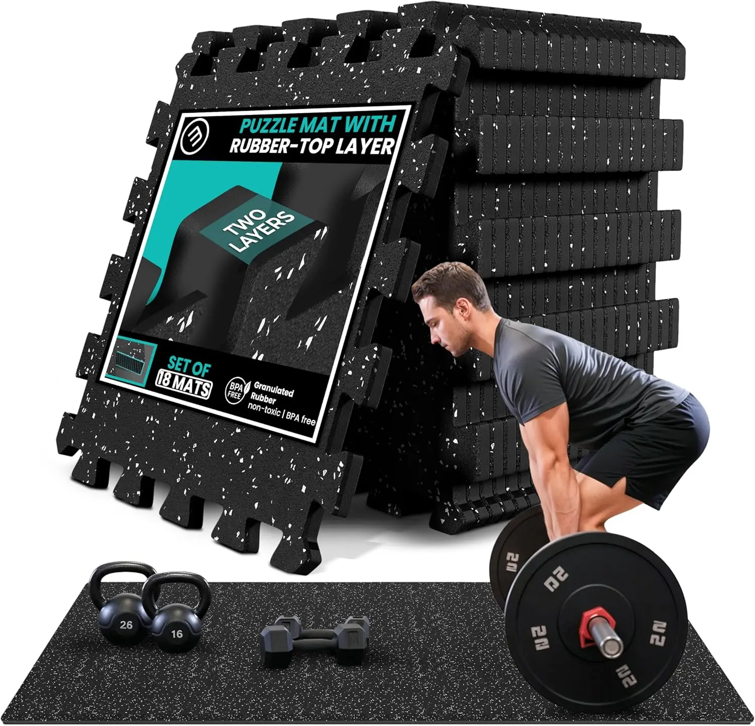 

EVA Interlocking Foam Floor Tiles 18-Pack, 12.6x12.6x0.4 in, 18 sqft Protective Gym Flooring for Home Workout, Exercise, Garage