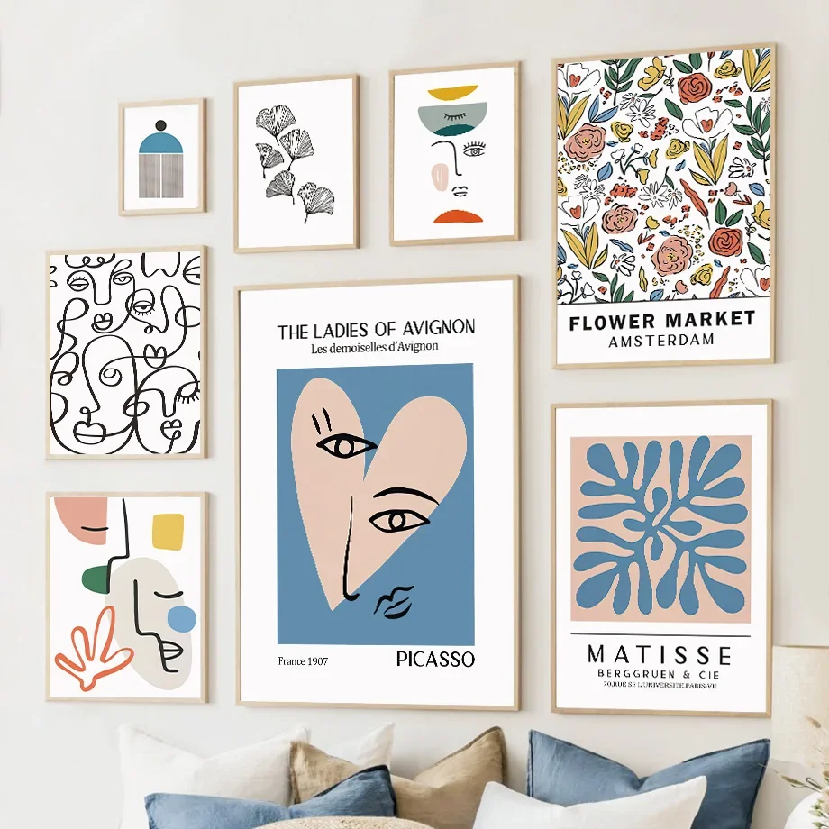 Abstract Line Face Matisse Coral Leaf Minimalist Wall Art Print Canvas Painting Posters for Living Room Modern Home Decor