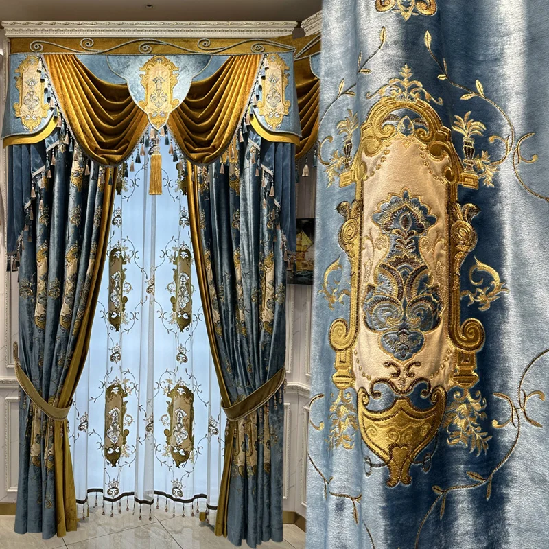 high-grade Northern Custom European bronzing Embroidery cloth Velvet curtain blue livingroom valance tulle M1709