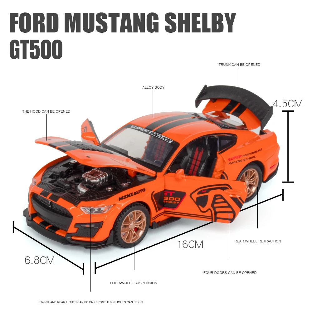 1/32 Ford Shelby GT500 GT350 Toy Car For Children Diecast Metal Miniature Model Pull Back Sound & Light Collection Gift Kid Boys