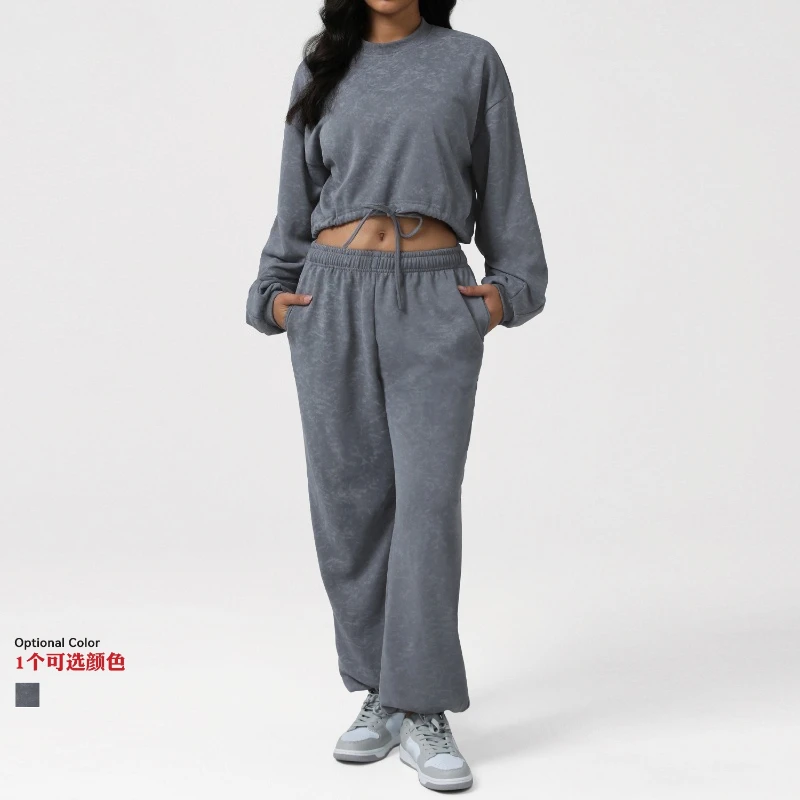 Fashion Women Tracksuit O-neck Long-sleeved Crop Tops with High Waist Loose Joggers Sweatpants Set Outfit for Yoga Running Sport