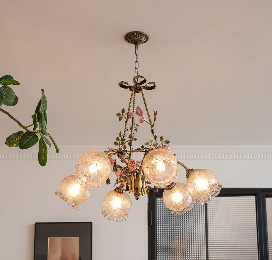 Floral Style Copper Chandelier Pendant Lamp D80cm H60cm 6 Lights Porch Lamp Chandelier Indoor Hanging Lights Candle Home Lights