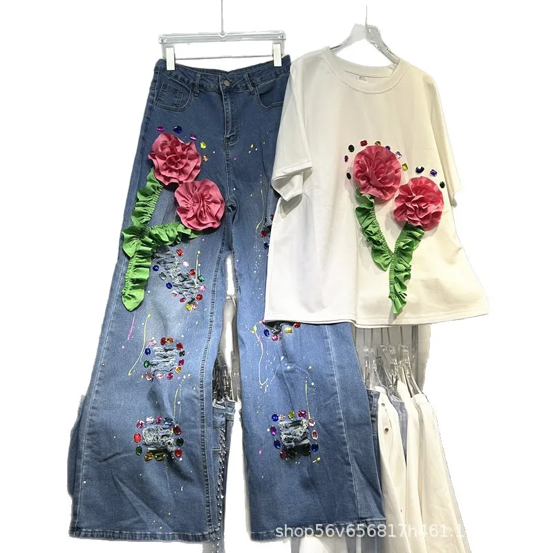 Spring Autumn Casual Women Two-piece Set 3d Flowers Diamonds Round Neck Short Short Sleeve T-shirt Top + High Waist Denim Pants