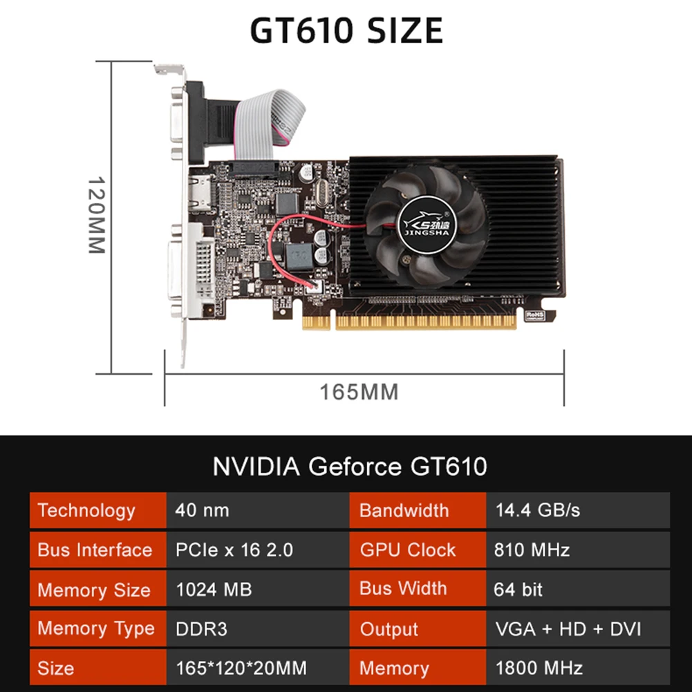 بطاقة فيديو GT610 1/2GB PCIE X16 2.0 NVIDIA GeForce GT 610 DDR3 بطاقة الرسومات HD VGA DVI واجهة للعبة سطح المكتب للكمبيوتر