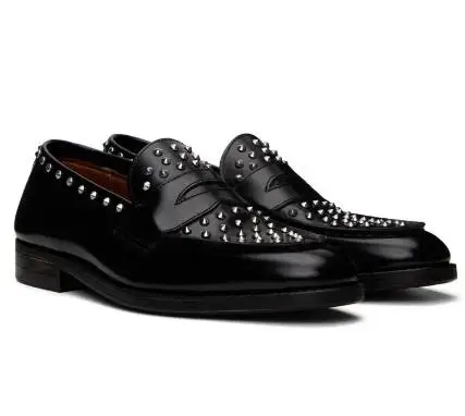 Spring Men Black Matte Genuine Leather Sliver Rivet Studded Round Toe Flat Loafers Male Non-slip Low Top Business Dress Shoes