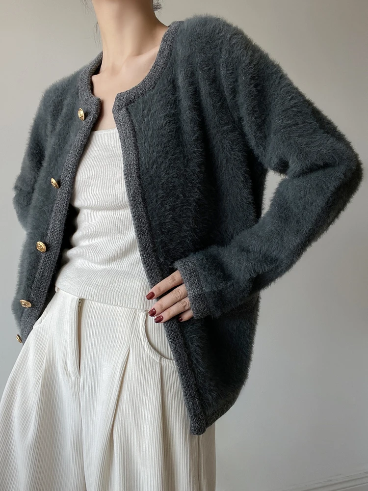 여성용 니트 밍크 스웨터 코트 가을 겨울 루즈핏 라운드넥 롱 슬리브 따뜻한 싱글 버튼 클로저 컬러