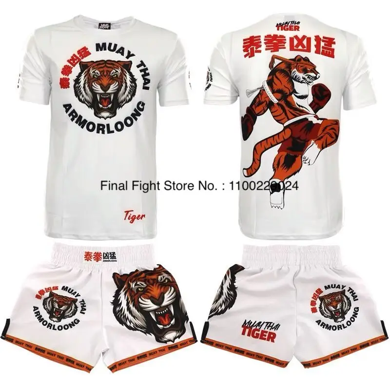 Muay Thai Boxing Shorts and Matching T Shirt Set Printing Kickboxing Cage Fighting Grappling Pants Martial Arts Training Uniform