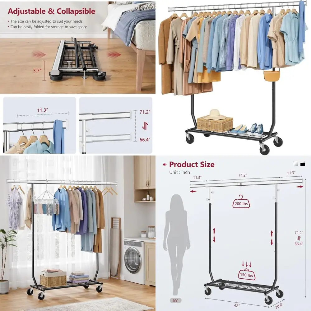 

Heavy-Duty Adjustable Garment Rack, 350 lbs Capacity, 73.8 Extendable, Lockable Wheels, Ideal for Bedroom or Laundry Room, Black