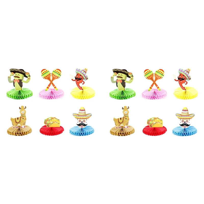 12Pcs Mexican Fiesta Honeycomb Table Centerpiece Cactus Donkey Maraca Sombrero Guitar Table Toppers Centerpieces Decor