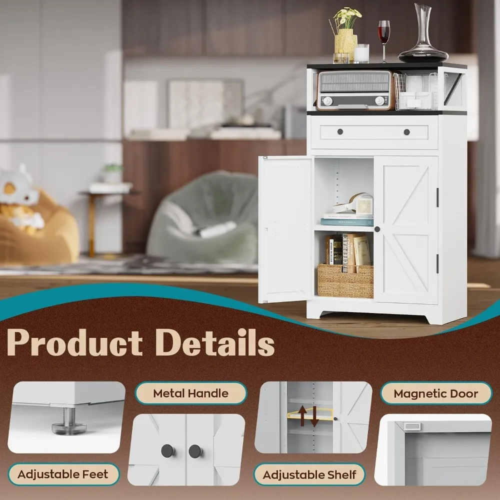 Large Capacity Farmhouse Style White Metal Storage Cabinet with Magnetic Doors, Adjustable Shelves, Kitchen Sideboard