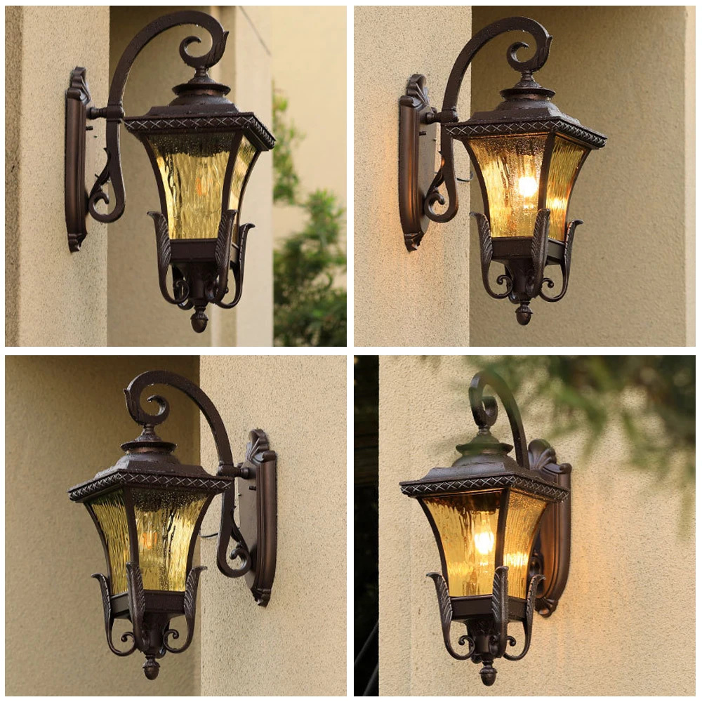 Outdoor Wall Lamp Fixtures Retro Porch Light Vintage Led Night Chandelier for House Gate Patio Garden Exterior Sconce Brown+Gold