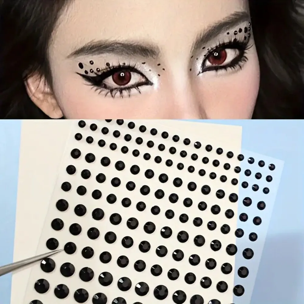 165pcs Black Self Adhesive Rhinestone Stickers Round Shape for Makeup Eyes Face Hair Nails Body DIY Crafts Decorative Decals