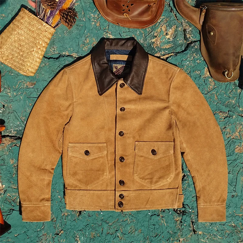 

Depp RL Style Men's Genuine Leather Jacket Tobacco Color Oil Wax Top Layer Cowhide Short Length Windproof Long Sleeve Coat