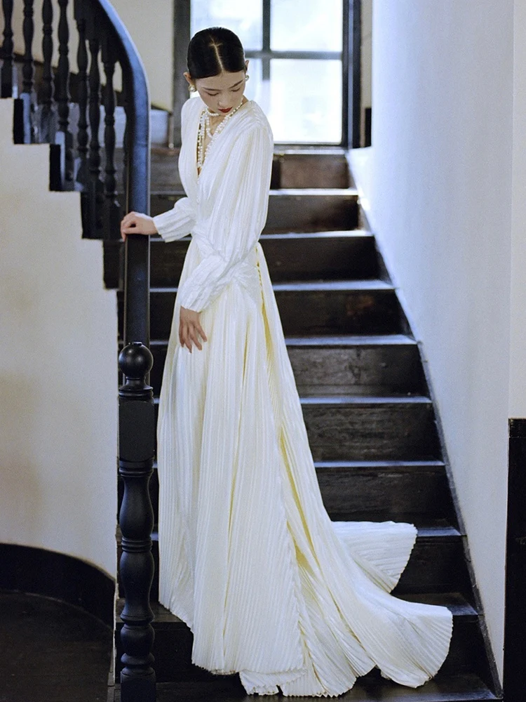 

Ele Long Sve V-Ne Bridal Dr Autumn Wedding Engagement Gown Chinese Sle Morning Robe Evening Gown Soft Satin