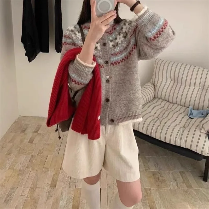 Fair ilha jacquard feminino camisola outono inverno cardigan solto macio pegajoso topos moda casaco temperamento jumper malhas preguiçosas