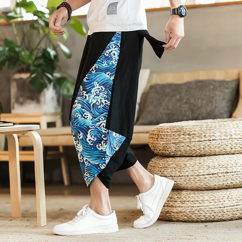 Beach Trousers Men Vintage Hawaiian Print Comfortable Calf Length Pants Men Cotton Breathable Loose Fit Fashion Men Casual Pants